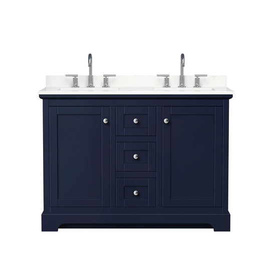 Wyndham Collection Avery 48" Double Bathroom Vanity in Dark Blue, Giotto Quartz Countertop, Undermount Square Sinks (3-Hole), Polished Chrome Trim