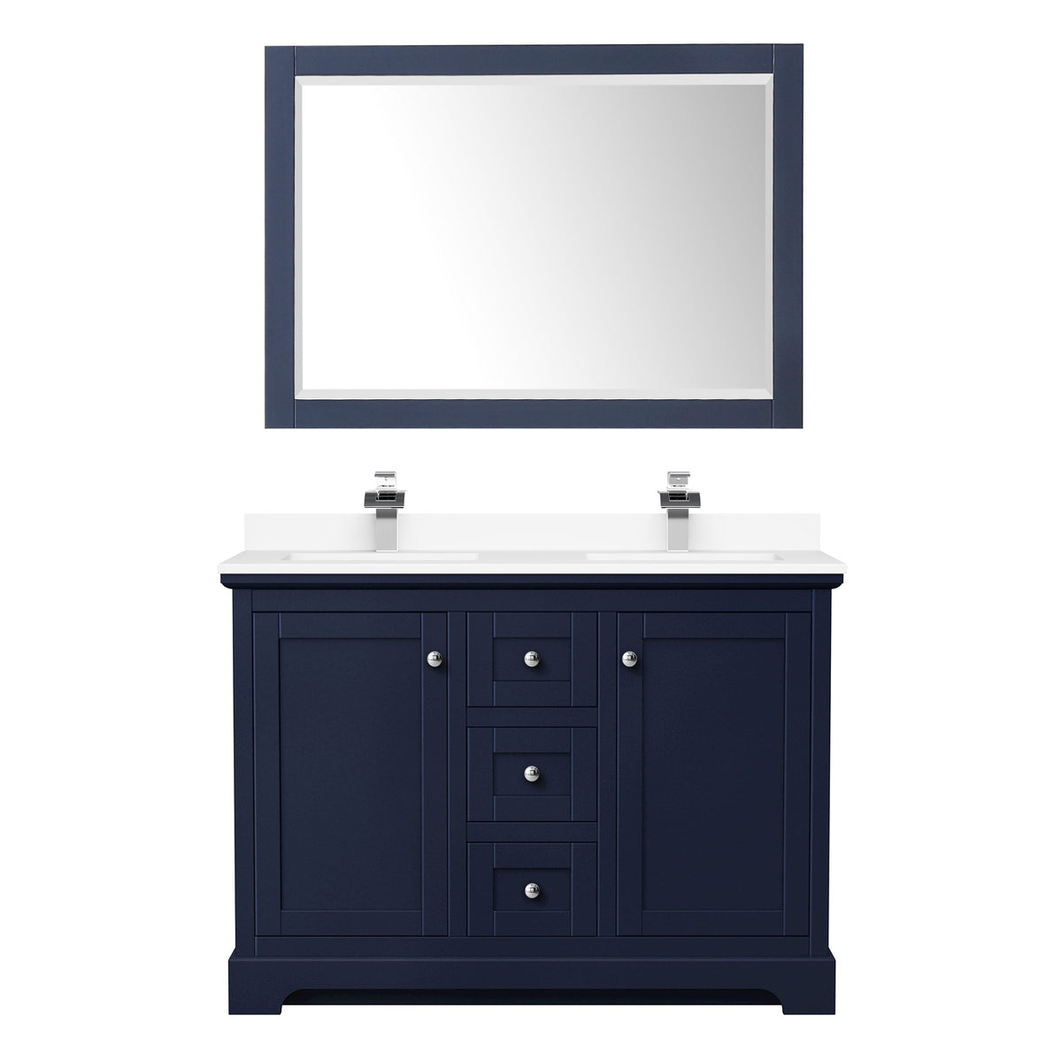Wyndham Collection Avery 48" Double Bathroom Vanity in Dark Blue, White Cultured Marble Countertop, Undermount Square Sinks (1-Hole), Polished Chrome Trim and 46" Mirror