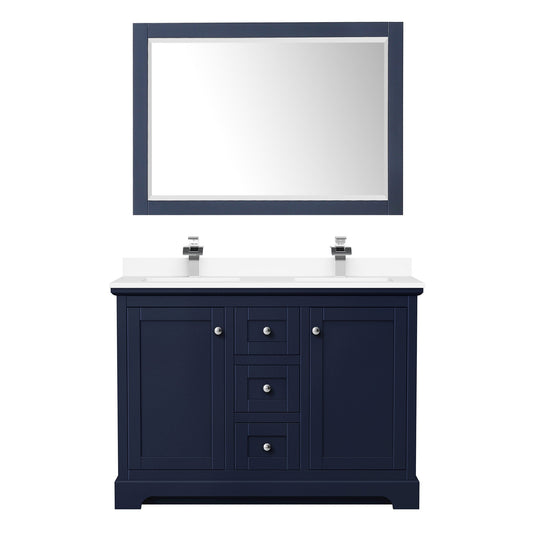 Wyndham Collection Avery 48" Double Bathroom Vanity in Dark Blue, White Cultured Marble Countertop, Undermount Square Sinks (1-Hole), Polished Chrome Trim and 46" Mirror