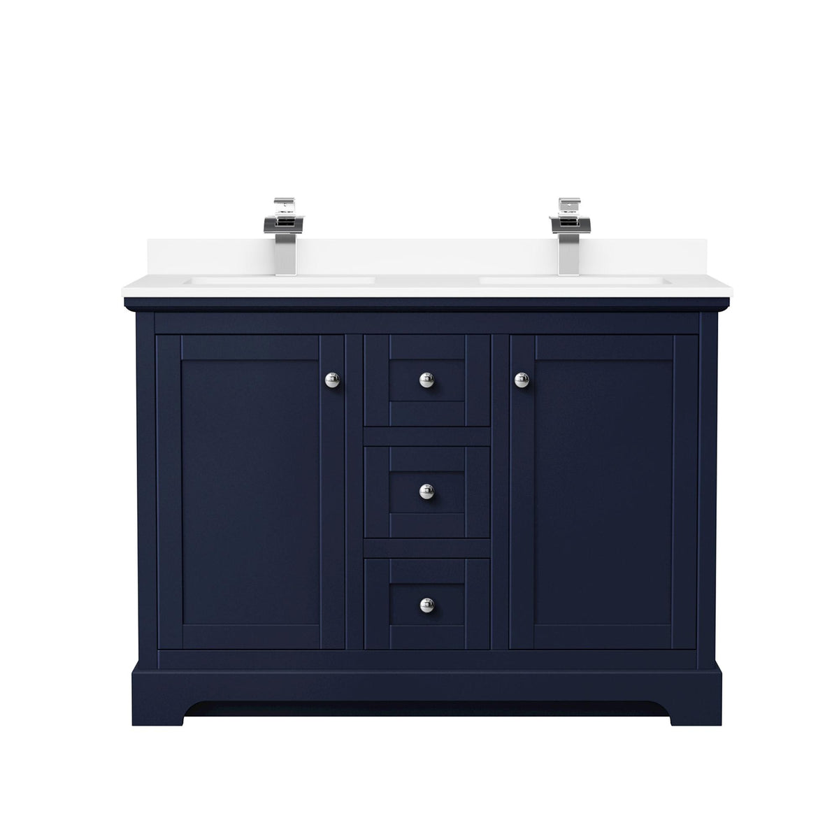 Wyndham Collection Avery 48" Double Bathroom Vanity in Dark Blue, White Cultured Marble Countertop, Undermount Square Sinks (1-Hole), Polished Chrome Trim