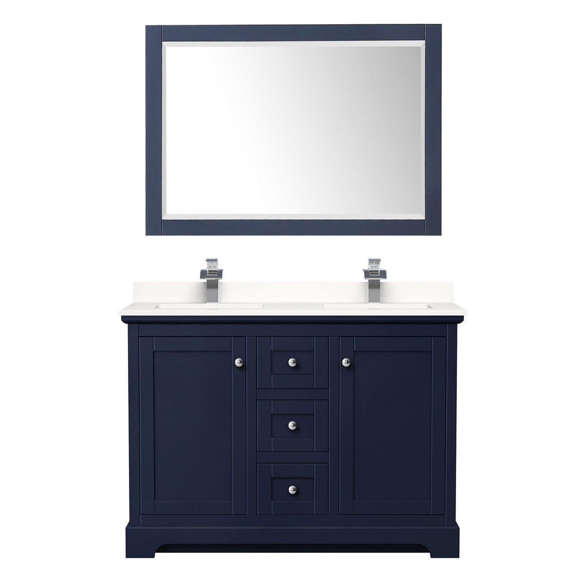 Wyndham Collection Avery 48" Double Bathroom Vanity in Dark Blue, White Quartz Countertop, Undermount Square Sinks (1-Hole), Polished Chrome Trim and 46" Mirror
