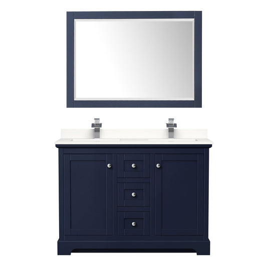 Wyndham Collection Avery 48" Double Bathroom Vanity in Dark Blue, White Quartz Countertop, Undermount Square Sinks (1-Hole), Polished Chrome Trim and 46" Mirror