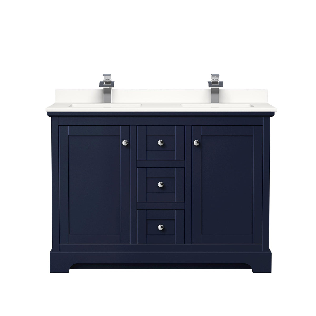 Wyndham Collection Avery 48" Double Bathroom Vanity in Dark Blue, White Quartz Countertop, Undermount Square Sinks (1-Hole), Polished Chrome Trim