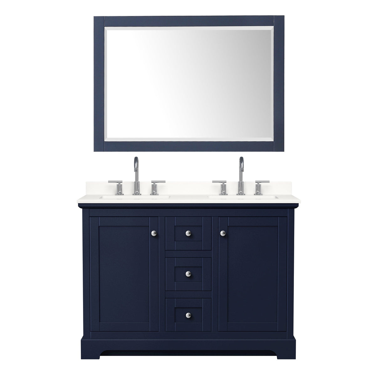 Wyndham Collection Avery 48" Double Bathroom Vanity in Dark Blue, White Quartz Countertop, Undermount Square Sinks (3-Hole), Polished Chrome Trim and 46" Mirror