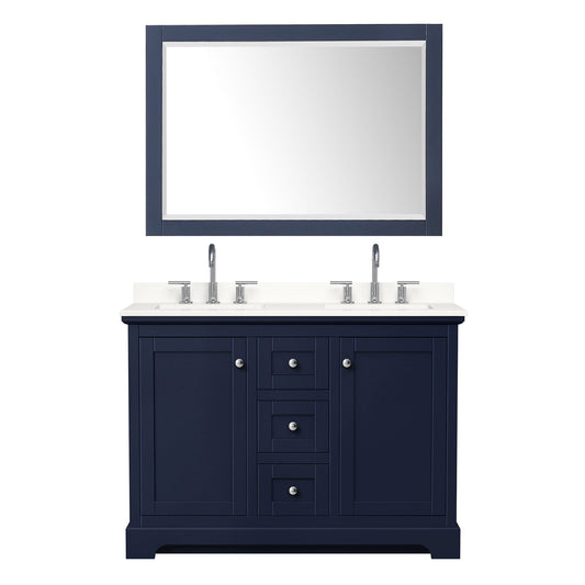 Wyndham Collection Avery 48" Double Bathroom Vanity in Dark Blue, White Quartz Countertop, Undermount Square Sinks (3-Hole), Polished Chrome Trim and 46" Mirror