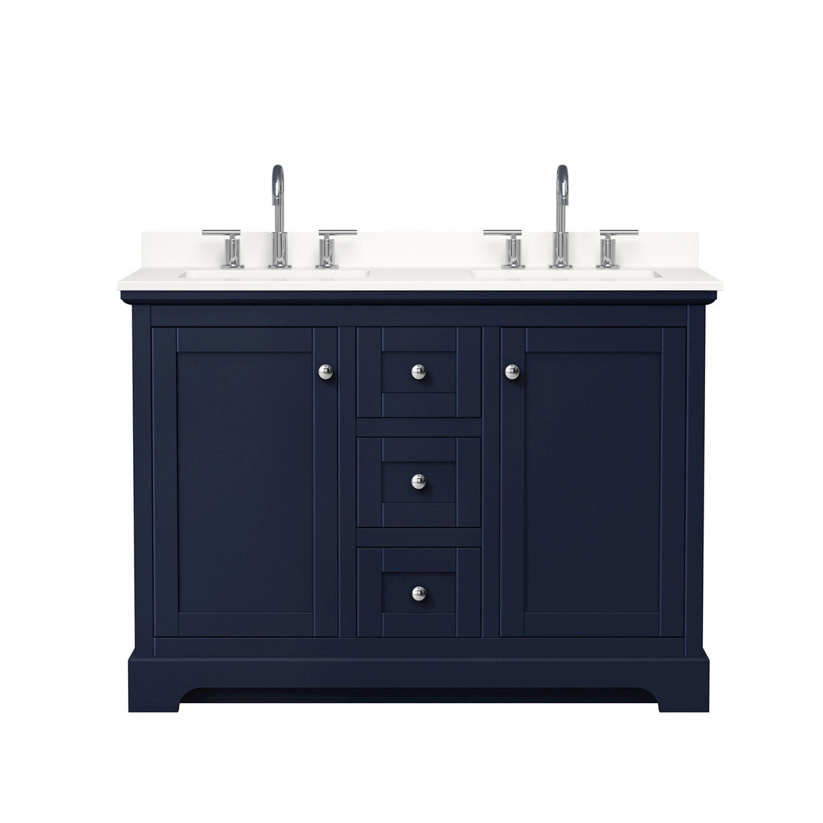 Wyndham Collection Avery 48" Double Bathroom Vanity in Dark Blue, White Quartz Countertop, Undermount Square Sinks (3-Hole), Polished Chrome Trim