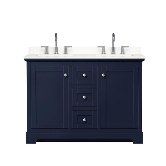 Wyndham Collection Avery 48" Double Bathroom Vanity in Dark Blue, White Quartz Countertop, Undermount Square Sinks (3-Hole), Polished Chrome Trim
