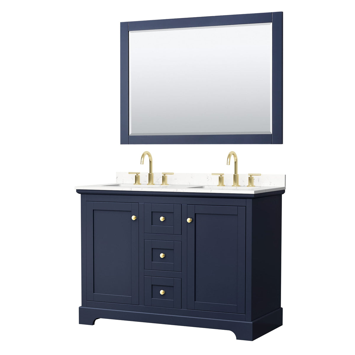 Wyndham Collection Avery 48" Double Bathroom Vanity in Dark Blue, Carrara Cultured Marble Countertop, Undermount Square Sinks (3-Hole), Brushed Gold Trim and 46" Mirror
