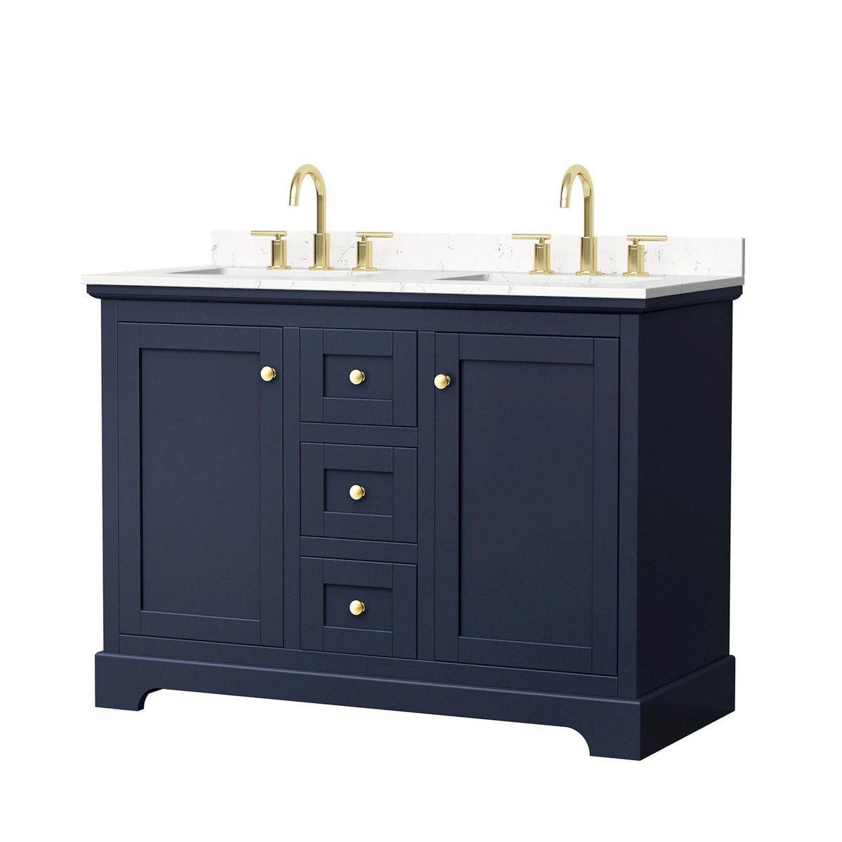Wyndham Collection Avery 48" Double Bathroom Vanity in Dark Blue, Carrara Cultured Marble Countertop, Undermount Square Sinks (3-Hole), Brushed Gold Trim