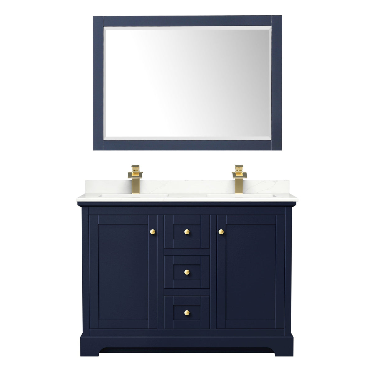 Wyndham Collection Avery 48" Double Bathroom Vanity in Dark Blue, Giotto Quartz Countertop, Undermount Square Sinks (1-Hole), Brushed Gold Trim and 46" Mirror