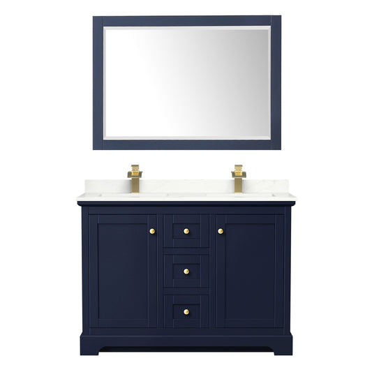 Wyndham Collection Avery 48" Double Bathroom Vanity in Dark Blue, Giotto Quartz Countertop, Undermount Square Sinks (1-Hole), Brushed Gold Trim and 46" Mirror