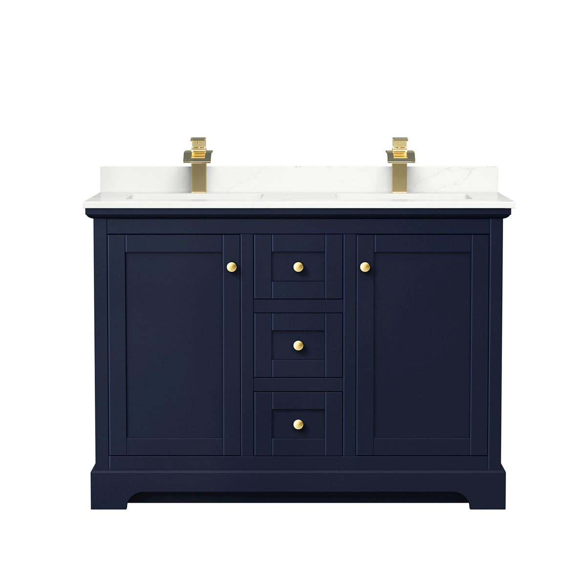 Wyndham Collection Avery 48" Double Bathroom Vanity in Dark Blue, Giotto Quartz Countertop, Undermount Square Sinks (1-Hole), Brushed Gold Trim