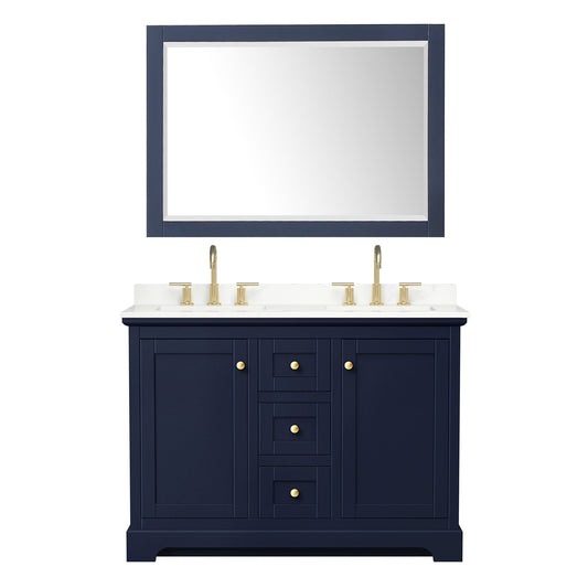 Wyndham Collection Avery 48" Double Bathroom Vanity in Dark Blue, Giotto Quartz Countertop, Undermount Square Sinks (3-Hole), Brushed Gold Trim and 46" Mirror