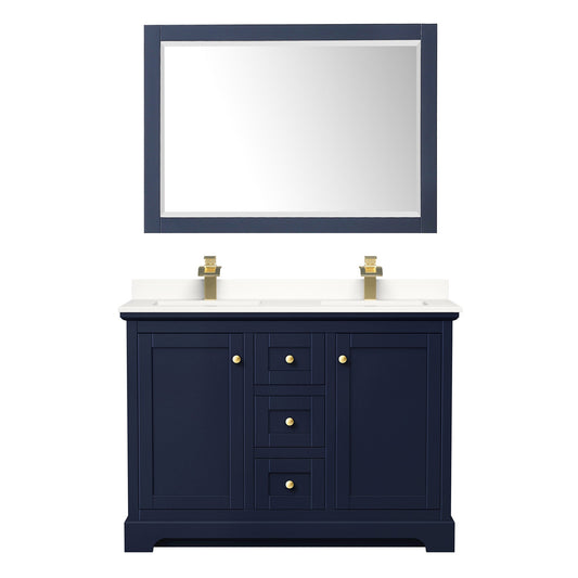Wyndham Collection Avery 48" Double Bathroom Vanity in Dark Blue, White Quartz Countertop, Undermount Square Sinks (1-Hole), Brushed Gold Trim and 46" Mirror