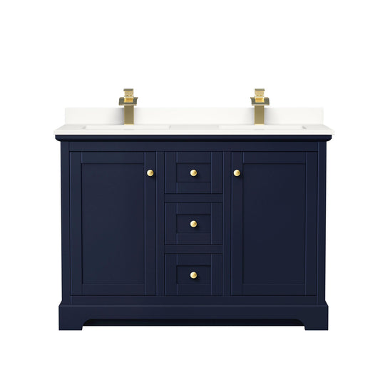 Wyndham Collection Avery 48" Double Bathroom Vanity in Dark Blue, White Quartz Countertop, Undermount Square Sinks (1-Hole), Brushed Gold Trim