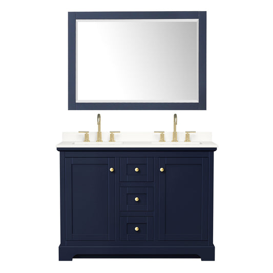Wyndham Collection Avery 48" Double Bathroom Vanity in Dark Blue, White Quartz Countertop, Undermount Square Sinks (3-Hole), Brushed Gold Trim and 46" Mirror
