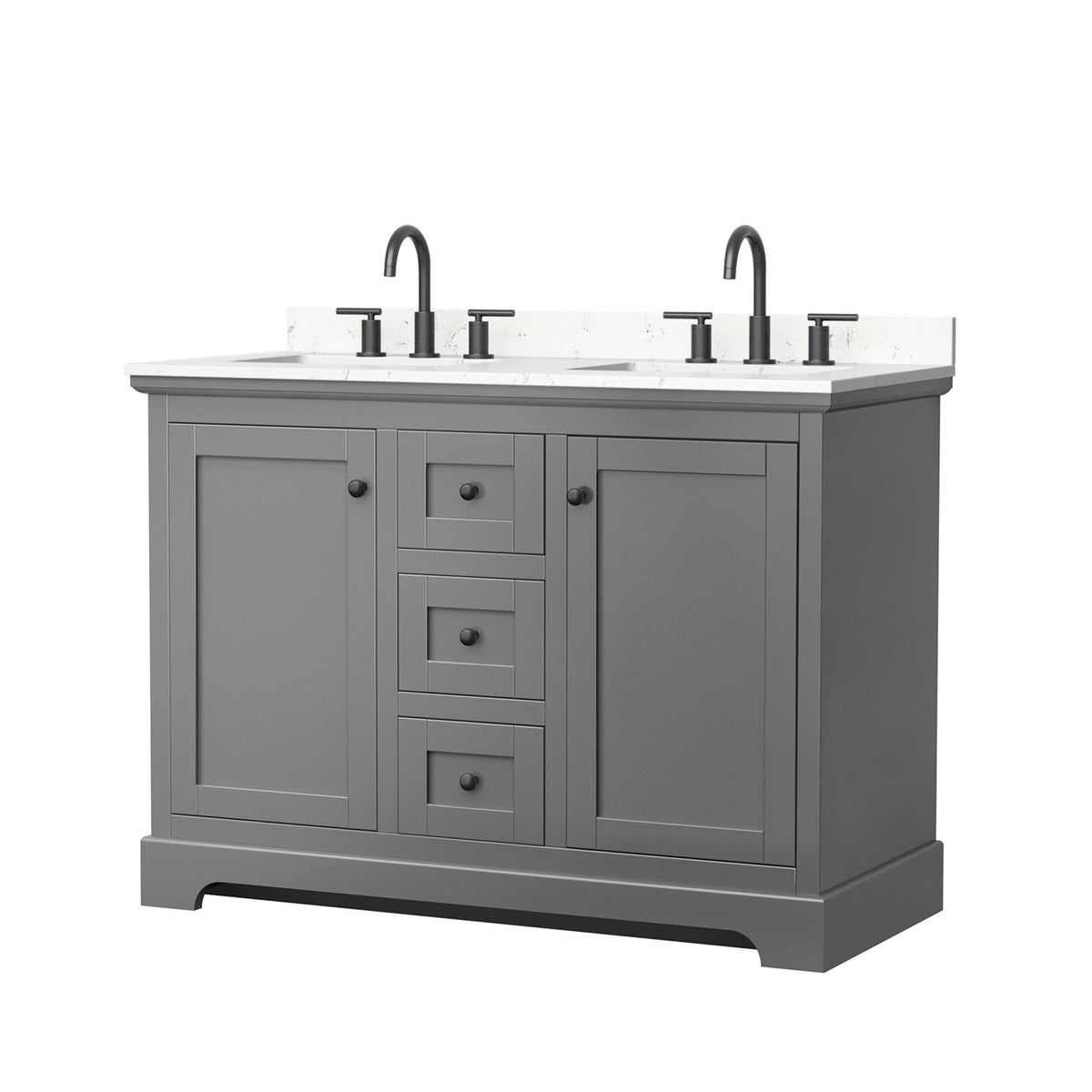 Wyndham Collection Avery 48" Double Bathroom Vanity in Dark Gray, Carrara Cultured Marble Countertop, Undermount Square Sinks (3-Hole), Matte Black Trim
