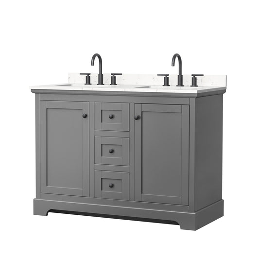 Wyndham Collection Avery 48" Double Bathroom Vanity in Dark Gray, Carrara Cultured Marble Countertop, Undermount Square Sinks (3-Hole), Matte Black Trim