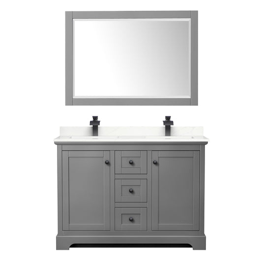 Wyndham Collection Avery 48" Double Bathroom Vanity in Dark Gray, Giotto Quartz Countertop, Undermount Square Sinks (1-Hole), Matte Black Trim and 46" Mirror