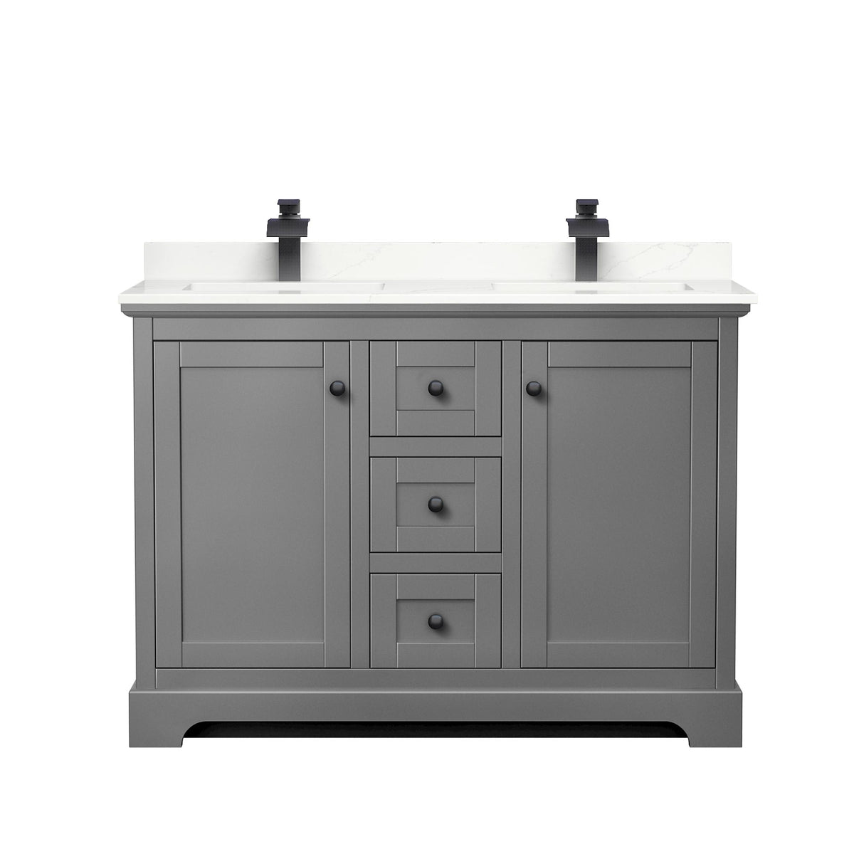Wyndham Collection Avery 48" Double Bathroom Vanity in Dark Gray, Giotto Quartz Countertop, Undermount Square Sinks (1-Hole), Matte Black Trim