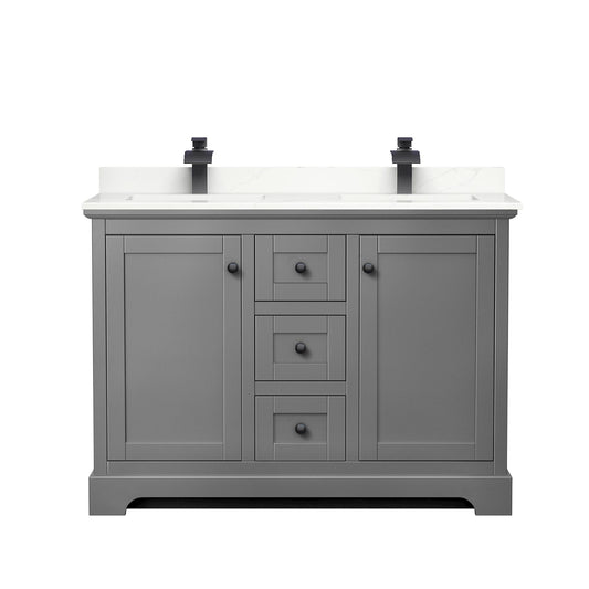Wyndham Collection Avery 48" Double Bathroom Vanity in Dark Gray, Giotto Quartz Countertop, Undermount Square Sinks (1-Hole), Matte Black Trim