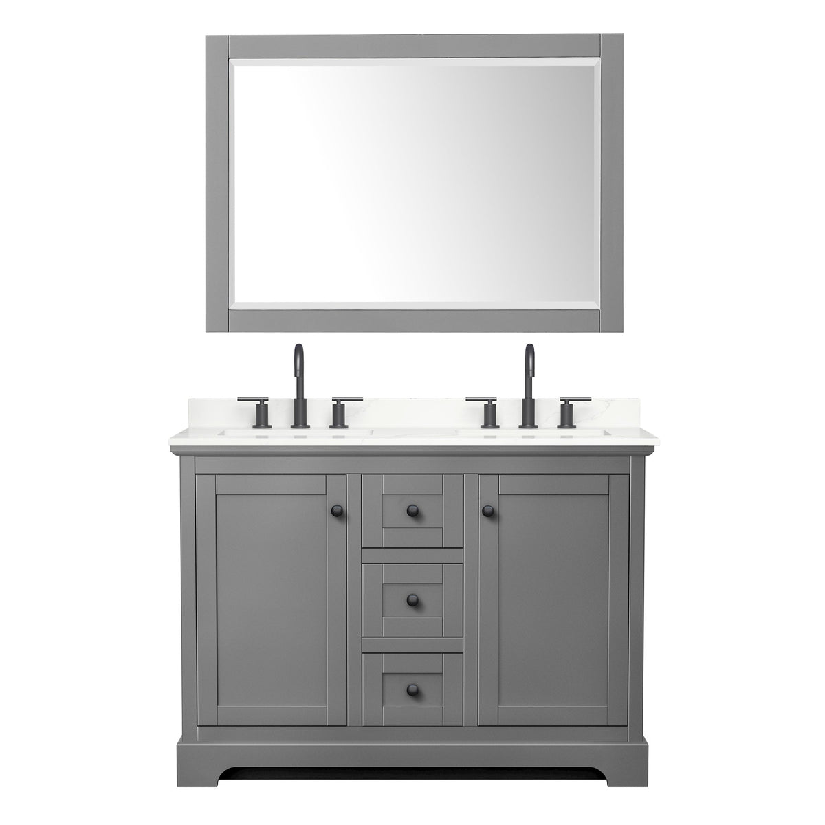 Wyndham Collection Avery 48" Double Bathroom Vanity in Dark Gray, Giotto Quartz Countertop, Undermount Square Sinks (3-Hole), Matte Black Trim and 46" Mirror