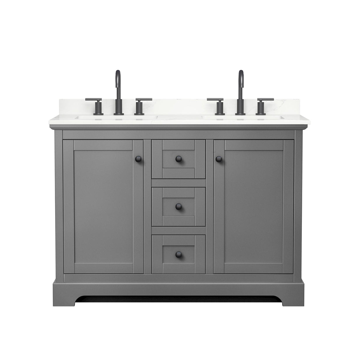 Wyndham Collection Avery 48" Double Bathroom Vanity in Dark Gray, Giotto Quartz Countertop, Undermount Square Sinks (3-Hole), Matte Black Trim