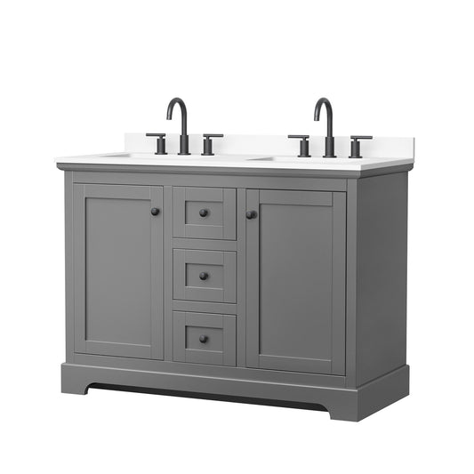 Wyndham Collection Avery 48" Double Bathroom Vanity in Dark Gray, White Cultured Marble Countertop, Undermount Square Sinks (3-Hole), Matte Black Trim