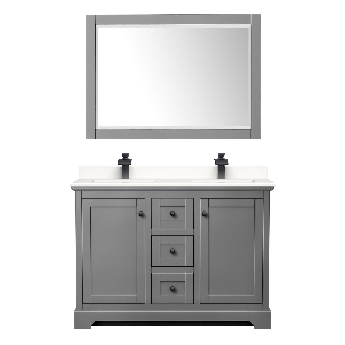Wyndham Collection Avery 48" Double Bathroom Vanity in Dark Gray, White Quartz Countertop, Undermount Square Sinks (1-Hole), Matte Black Trim and 46" Mirror