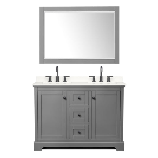 Wyndham Collection Avery 48" Double Bathroom Vanity in Dark Gray, White Quartz Countertop, Undermount Square Sinks (3-Hole), Matte Black Trim and 46" Mirror