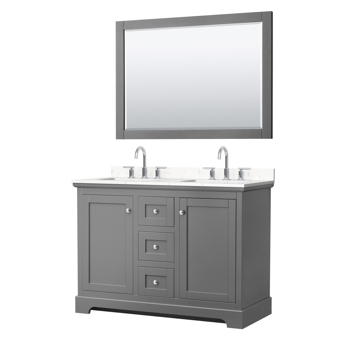 Wyndham Collection Avery 48" Double Bathroom Vanity in Dark Gray, Carrara Cultured Marble Countertop, Undermount Square Sinks (3-Hole), Polished Chrome Trim and 46" Mirror