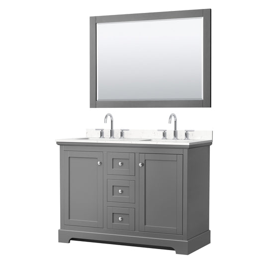 Wyndham Collection Avery 48" Double Bathroom Vanity in Dark Gray, Carrara Cultured Marble Countertop, Undermount Square Sinks (3-Hole), Polished Chrome Trim and 46" Mirror