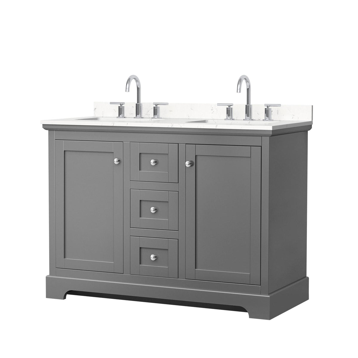 Wyndham Collection Avery 48" Double Bathroom Vanity in Dark Gray, Carrara Cultured Marble Countertop, Undermount Square Sinks (3-Hole), Polished Chrome Trim