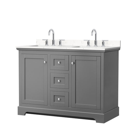 Wyndham Collection Avery 48" Double Bathroom Vanity in Dark Gray, Carrara Cultured Marble Countertop, Undermount Square Sinks (3-Hole), Polished Chrome Trim