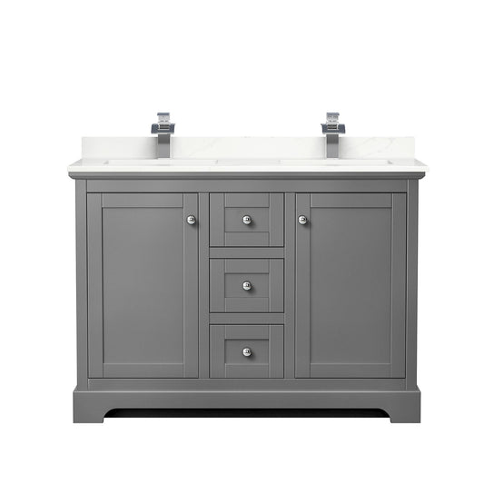 Wyndham Collection Avery 48" Double Bathroom Vanity in Dark Gray, Giotto Quartz Countertop, Undermount Square Sinks (1-Hole), Polished Chrome Trim