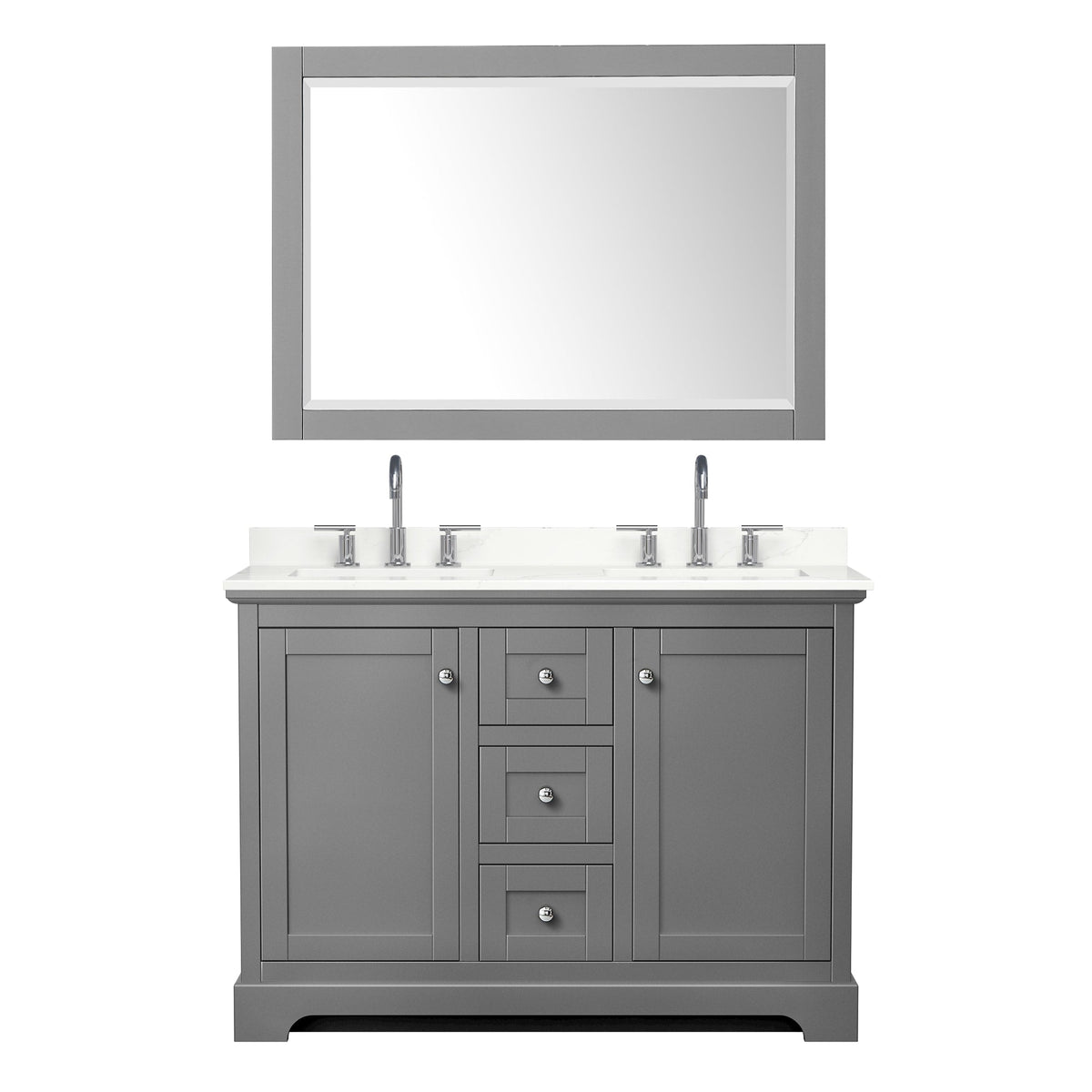 Wyndham Collection Avery 48" Double Bathroom Vanity in Dark Gray, Giotto Quartz Countertop, Undermount Square Sinks (3-Hole), Polished Chrome Trim and 46" Mirror