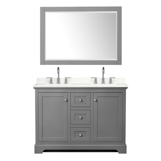 Wyndham Collection Avery 48" Double Bathroom Vanity in Dark Gray, Giotto Quartz Countertop, Undermount Square Sinks (3-Hole), Polished Chrome Trim and 46" Mirror