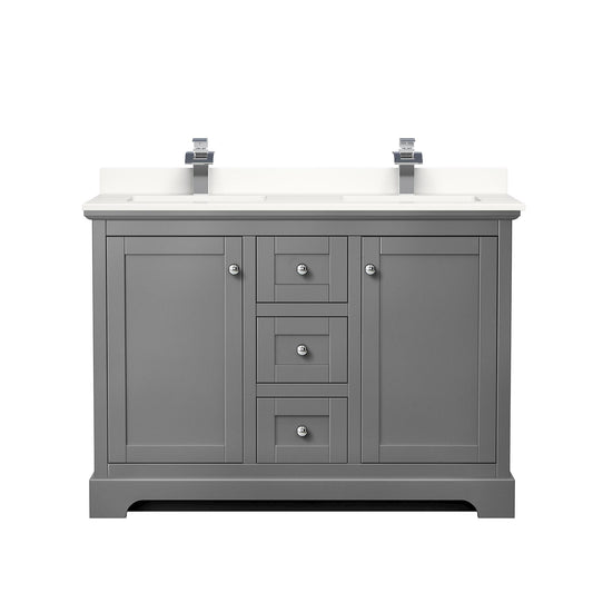 Wyndham Collection Avery 48" Double Bathroom Vanity in Dark Gray, White Quartz Countertop, Undermount Square Sinks (1-Hole), Polished Chrome Trim