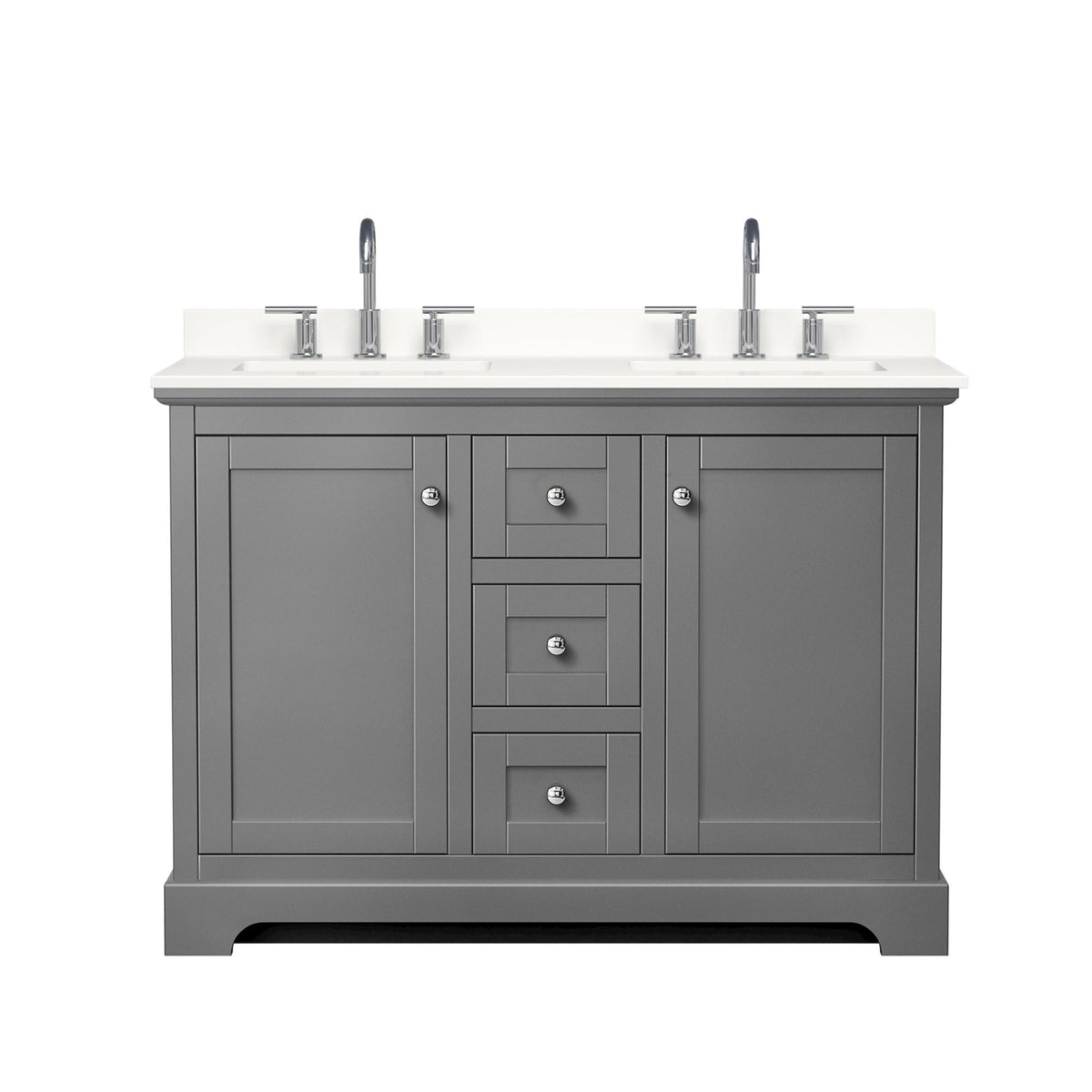 Wyndham Collection Avery 48" Double Bathroom Vanity in Dark Gray, White Quartz Countertop, Undermount Square Sinks (3-Hole), Polished Chrome Trim