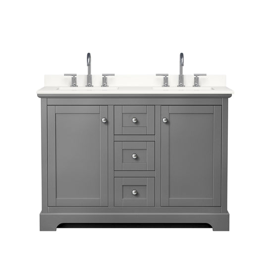 Wyndham Collection Avery 48" Double Bathroom Vanity in Dark Gray, White Quartz Countertop, Undermount Square Sinks (3-Hole), Polished Chrome Trim