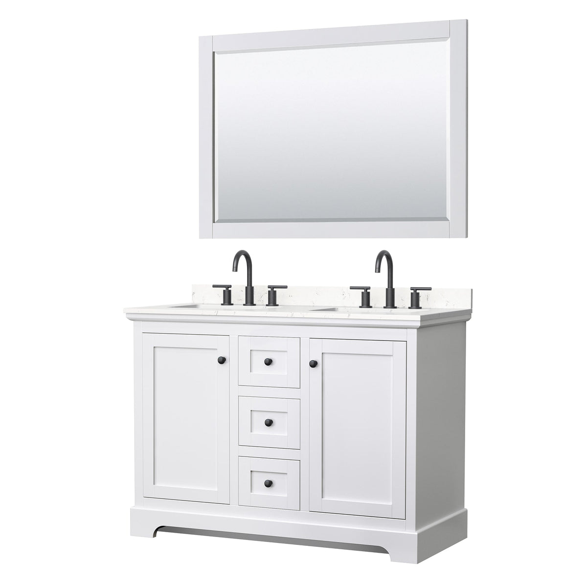 Wyndham Collection Avery 48" Double Bathroom Vanity in White, Carrara Cultured Marble Countertop, Undermount Square Sinks (3-Hole), Matte Black Trim and 46" Mirror