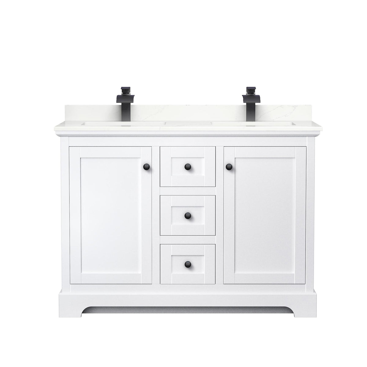 Wyndham Collection Avery 48" Double Bathroom Vanity in White, Giotto Quartz Countertop, Undermount Square Sinks (1-Hole), Matte Black Trim