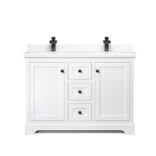 Wyndham Collection Avery 48" Double Bathroom Vanity in White, Giotto Quartz Countertop, Undermount Square Sinks (1-Hole), Matte Black Trim