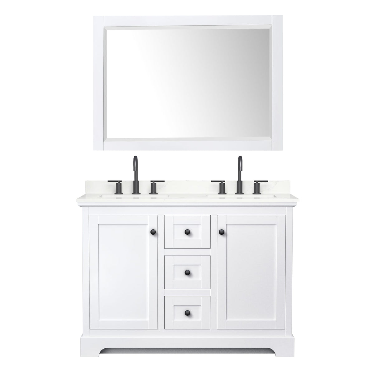 Wyndham Collection Avery 48" Double Bathroom Vanity in White, Giotto Quartz Countertop, Undermount Square Sinks (3-Hole), Matte Black Trim and 46" Mirror