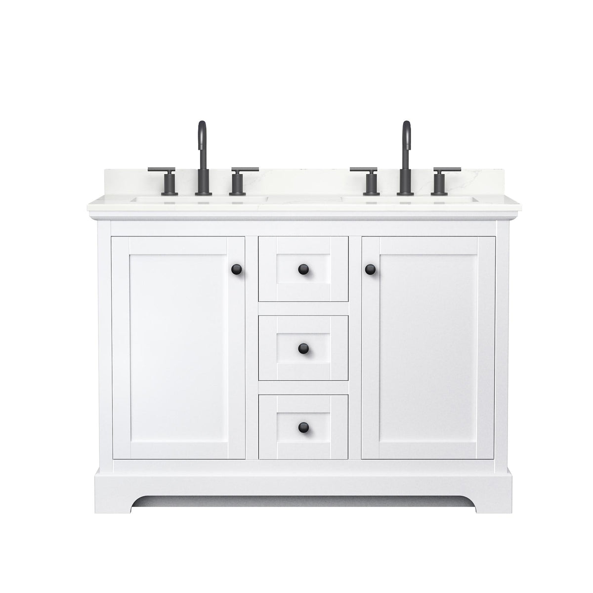 Wyndham Collection Avery 48" Double Bathroom Vanity in White, Giotto Quartz Countertop, Undermount Square Sinks (3-Hole), Matte Black Trim