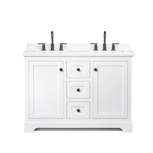 Wyndham Collection Avery 48" Double Bathroom Vanity in White, Giotto Quartz Countertop, Undermount Square Sinks (3-Hole), Matte Black Trim