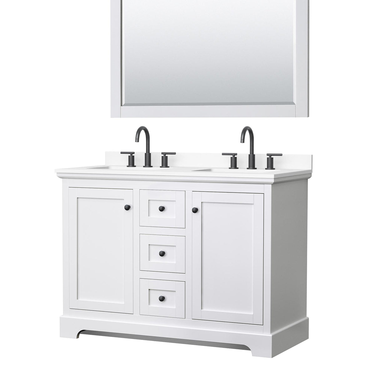 Wyndham Collection Avery 48" Double Bathroom Vanity in White, White Cultured Marble Countertop, Undermount Square Sinks (3-Hole), Matte Black Trim