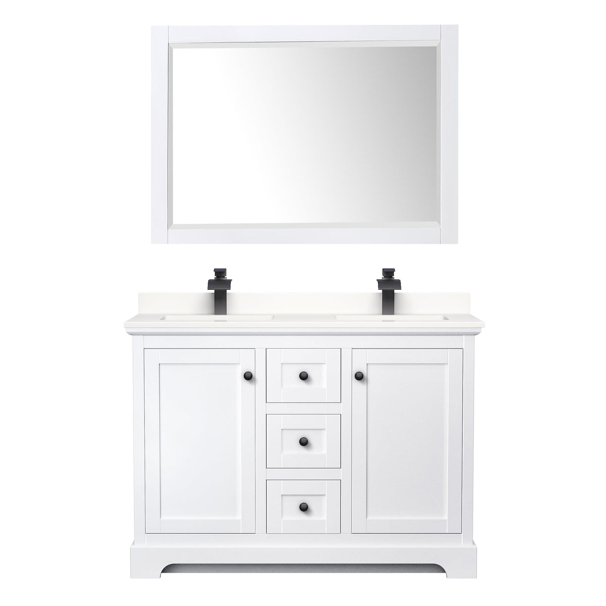 Wyndham Collection Avery 48" Double Bathroom Vanity in White, White Quartz Countertop, Undermount Square Sinks (1-Hole), Matte Black Trim and 46" Mirror