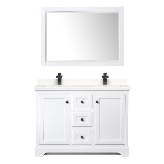 Wyndham Collection Avery 48" Double Bathroom Vanity in White, White Quartz Countertop, Undermount Square Sinks (1-Hole), Matte Black Trim and 46" Mirror