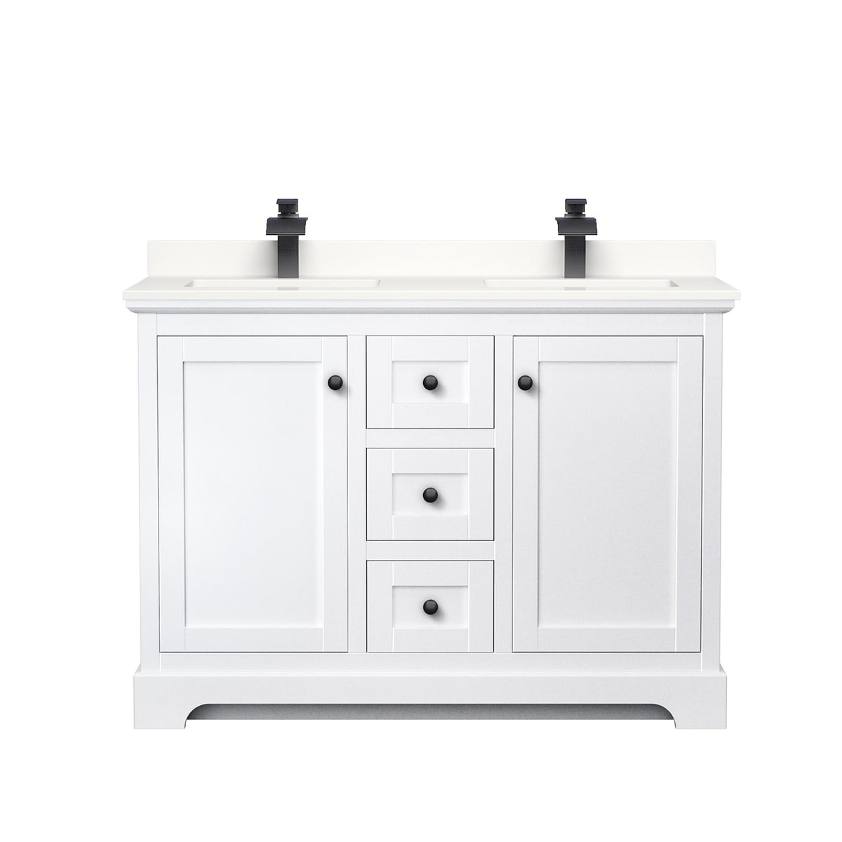 Wyndham Collection Avery 48" Double Bathroom Vanity in White, White Quartz Countertop, Undermount Square Sinks (1-Hole), Matte Black Trim